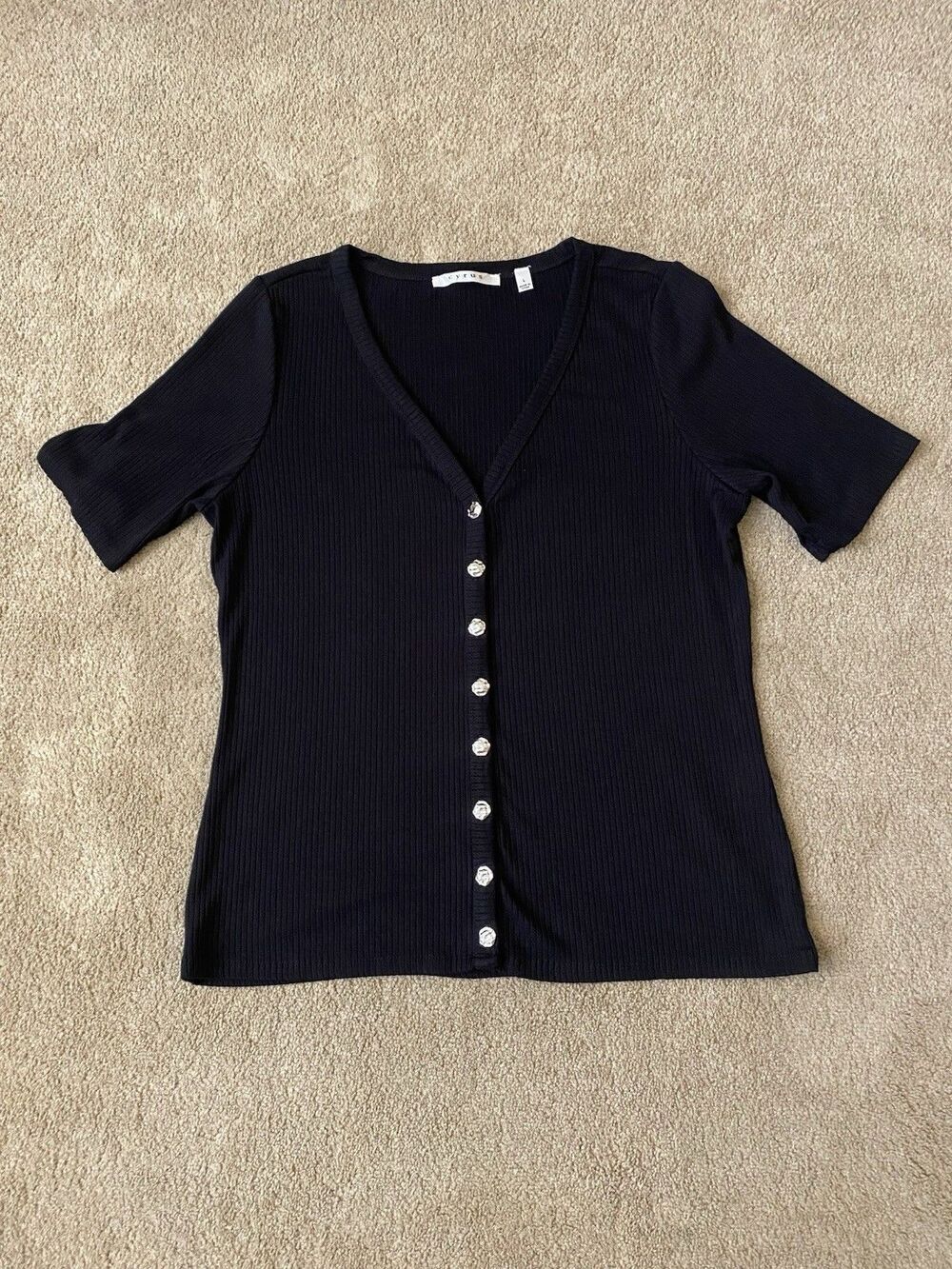 Cyrus Short-Sleeve Black Ribbed Cardigan Silver Buttons Women's Size L